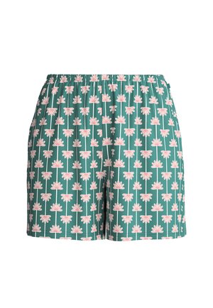 Groene shorts met een elastische tailleband, versierd met een herhalend patroon van roze en witte gestileerde bloemen.