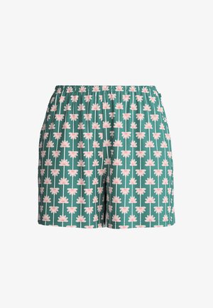 Groene shorts met een elastische tailleband, versierd met een herhalend patroon van roze en witte gestileerde bloemen.