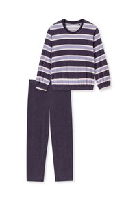 Lilla og lys pink stribet langærmet top med elastisk talje, parret med ensfarvede lilla lange bukser, lavet af blødt stof.
