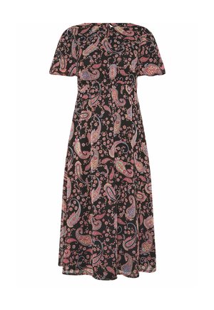 Robe midi noire à manches courtes avec un motif coloré paisley et floral rose, violet et orange.