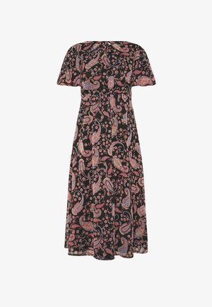 Robe midi noire à manches courtes avec un motif coloré paisley et floral rose, violet et orange.