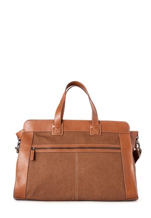 Brązowa torba na ramię z tkaniny i skóry z dwoma uchwytami oraz przednią kieszenią na zamek, zaprojektowana do noszenia osobistych rzeczy.