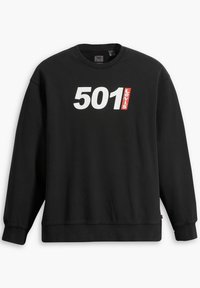Zwarte sweatshirt met lange mouwen en ronde halslijn, voorzien van een witte "501" en rood "Levi's" logo aan de voorkant. Gladde textuur, casual ontwerp.