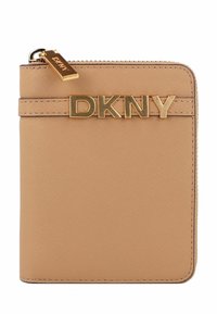 Tan faux leather wallet with a textured surface, featuring a gold-tone "DKNY" logo and a zipped closure at the top.