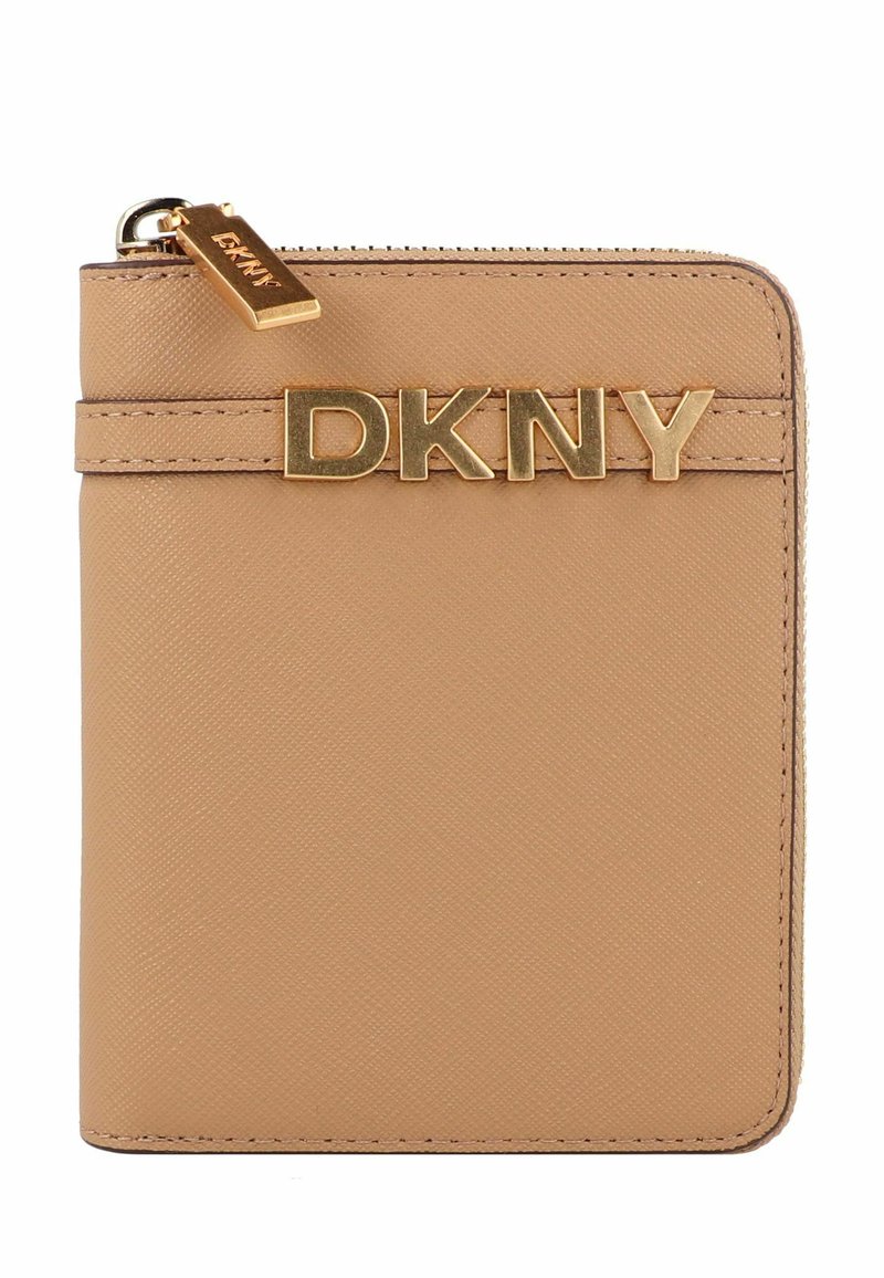 Tan faux leather wallet with a textured surface, featuring a gold-tone "DKNY" logo and a zipped closure at the top.