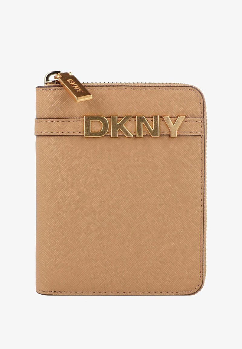 Tan faux leather wallet with a textured surface, featuring a gold-tone "DKNY" logo and a zipped closure at the top.