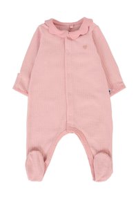 Tutina rosa a costine con colletto rotondo, dettaglio a forma di cuore, maniche lunghe e design con piedi. Presenta una chiusura frontale con bottoni e una texture morbida.