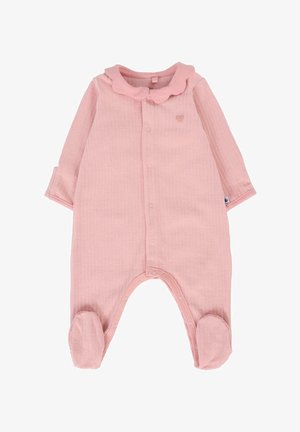 Tutina rosa a costine con colletto rotondo, dettaglio a forma di cuore, maniche lunghe e design con piedi. Presenta una chiusura frontale con bottoni e una texture morbida.