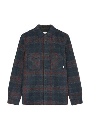 Overhemdjack met lange mouwen, knoopsluiting, blauw, groen en rood geruit patroon en twee borstzakken met knopen.