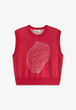 Red knitted sleeveless sweater vest with ribbed edges and a large off-white abstract shell pattern on the front.