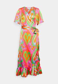 Robe portefeuille midi à manches courtes avec un motif abstrait de cœur vibrant en orange, rose, vert et violet, avec une taille nouée et un ourlet volanté.