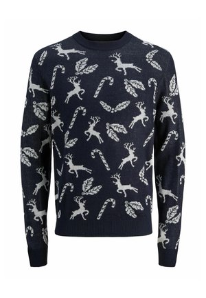 Maglione blu navy con un motivo a maglia di renne bianche, bastoncini di zucchero e foglie. Collo rotondo e polsini e orlo a costine.