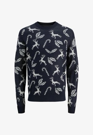 Svetrová modrá s pleteným vzorem bílých sobů, cukrových holí a listů. Kulatý výstřih a žebrované manžety a lem.