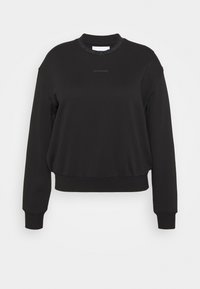 Černá mikina s dlouhými rukávy, žebrovanými manžetami a lemem, kulatým výstřihem a vyraženým logem na límci a na prsou. Hladká bavlněná směsová látka.