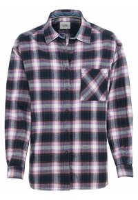 Chemise boutonnée à manches longues avec un motif à carreaux rose, noir et gris et une poche poitrine unique.