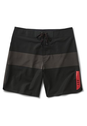 Black swim shorts with horizontal dark gray and light gray stripes. Features a red logo patch and a lace-up front closure. Textured fabric.