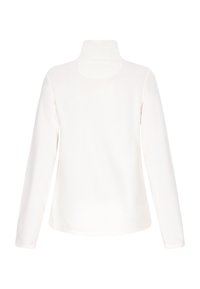 Hvid langærmet turtleneck top med en glat tekstur og en tætsiddende design. Har en høj krave og en afrundet kant bagpå.