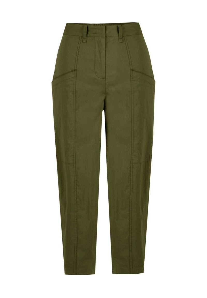 Olive zielone spodnie o dopasowanym kroju, z bocznymi kieszeniami, widocznymi szwami i wysokim stanem, dla uzyskania eleganckiego wyglądu.
