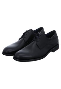Schwarze Leder-Dressschuhe mit glatter Oberfläche, abgerundeter Spitze, Schnürdesign und einer niedrigen Gummisohle mit feinen strukturierten Details.