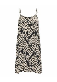 Zwarte en beige mouwloze jurk met een geometrisch ikatpatroon, lichte stof en een ontspannen A-lijn silhouet.
