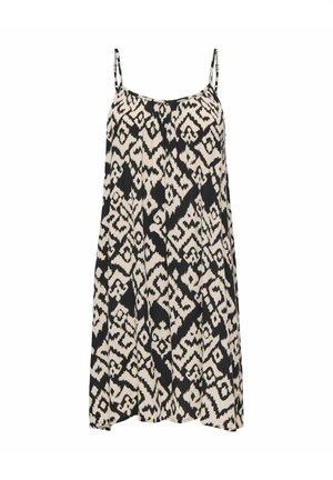 Svart och beige ärmlös klänning med ett geometriskt ikat-mönster, lättviktsmaterial och en avslappnad A-linjefigur.