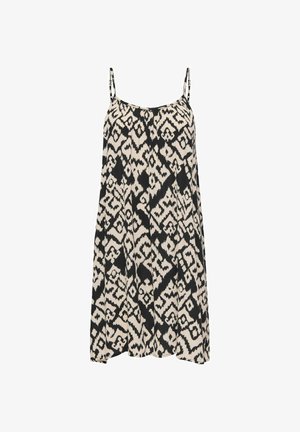 Svart og beige ermeles kjole med et geometrisk ikat-mønster, lett stoff og en avslappet A-linje silhuett.