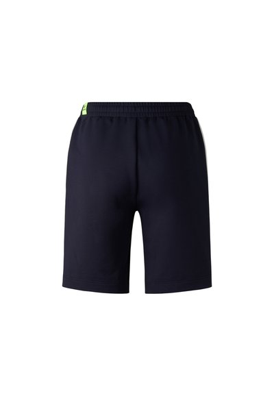 Marineblaue Sportshorts aus weichem Stoff. Verfügt über einen elastischen Bund mit einem kleinen grünen Akzent-Tag. Gerader Saum ohne Taschen.