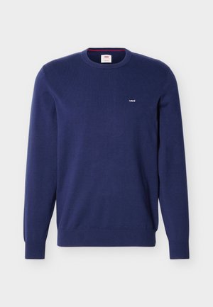 Marineblauer Levi's Pullover mit Rundhalsausschnitt, langen Ärmeln und kleinem weißem Levi's Logo auf der linken Brust.