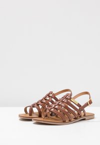 Sandali in pelle marrone con cinturini intrecciati, design con punta aperta e suola piatta. Comprendono un cinturino alla caviglia regolabile con un accento dorato.