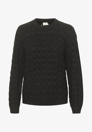 Pulover negru tricotat cu un design texturat și modelat. Prezintă un gât rotund și mâneci lungi cu mansete și margine înfrecată.