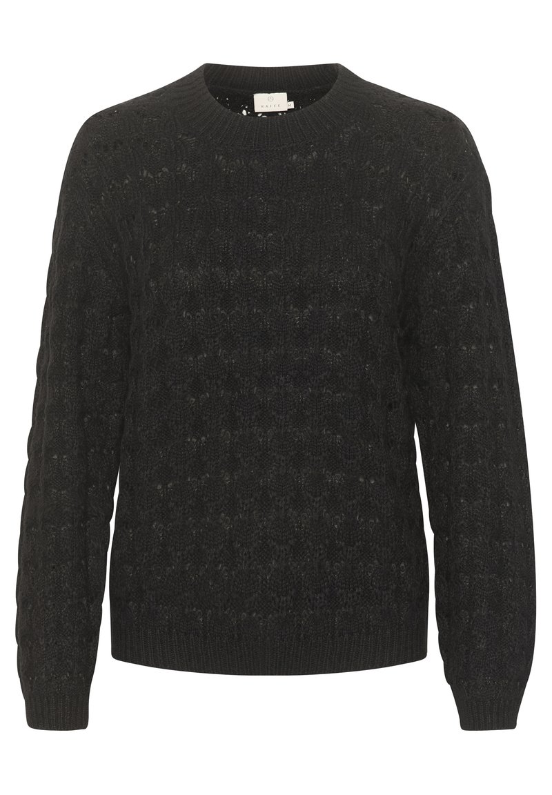 Čierny pletený sveter s textúrovaným, vzorovaným dizajnom. Má okrúhly výstrih a dlhé rukávy s rebrovanými manžetami a lemom.