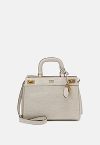 Lysegrå håndtaske med krokodilleprægning, struktureret design, top-hanke, aftagelig skulderrem, guldfarvet hardware og en låsedetalje.