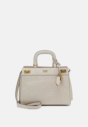 Bolso de mano color gris claro con diseño estructurado y estampado de cocodrilo, asas superiores, correa de hombro desmontable, herrajes dorados y detalle de cerradura.