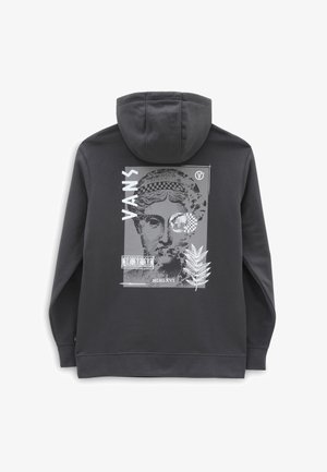 Sweat à capuche gris foncé avec une grande impression dans le dos représentant une tête de statue classique, des motifs à carreaux, le mot "VANS," et des éléments décoratifs de feuilles et de texte.