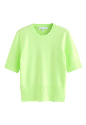 Jersey de punto de manga corta de color verde claro con cuello redondo y puños y bajo acanalados, mostrado sobre un fondo blanco.