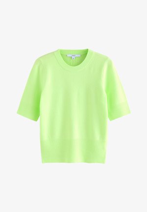 Jasnozielony krótki sweter dzianinowy z okrągłym dekoltem oraz ściągaczami na mankietach i dole, przedstawiony na białym tle.