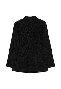 Blazer in velluto nero con un motivo a pois discreto, forma sagomata, maniche lunghe e revers a punta. Vista posteriore mostrata.