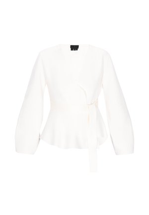 Balta apykakle suvyniota palaidinė, pagaminta iš minkštos medžiagos, su V formos kaklu, ilgomis rankovėmis ir juosmens apvadu su surinktu hemu.