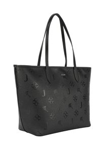 Borsa tote nera realizzata in materiale sintetico testurizzato, con un delicato motivo in rilievo di motivi floreali e lettere. Doppi manici.