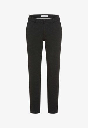 Schwarz schmal geschnittene Hose aus weichem, strukturiertem Stoff. Verfügt über einen vorderen Knopfverschluss und Gürtelschlaufen, mit einem glatten Finish.