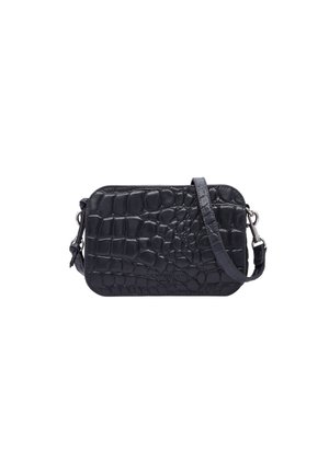 Petit sac bandoulière noir rectangulaire avec texture crocodile et sangle réglable, fermoirs métalliques sur les côtés et logo embossé subtil sur le devant.