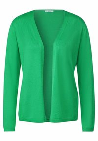 Cardigan verde lavorato a maglia con scollo a V profondo, maniche lunghe e senza chiusure. Tessuto liscio con polsini e orlo a coste.