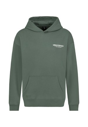 Grüne Kapuzenjacke mit einer vorderen Kängurutasche, gerippten Bündchen und dem Text "URBAN EDITION" auf der Brust in Weiß. Gemütliches Baumwollmaterial.