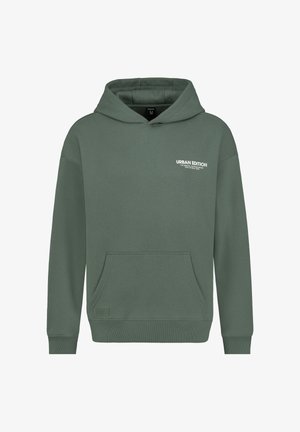 Grüne Kapuzenjacke mit einer vorderen Kängurutasche, gerippten Bündchen und dem Text "URBAN EDITION" auf der Brust in Weiß. Gemütliches Baumwollmaterial.