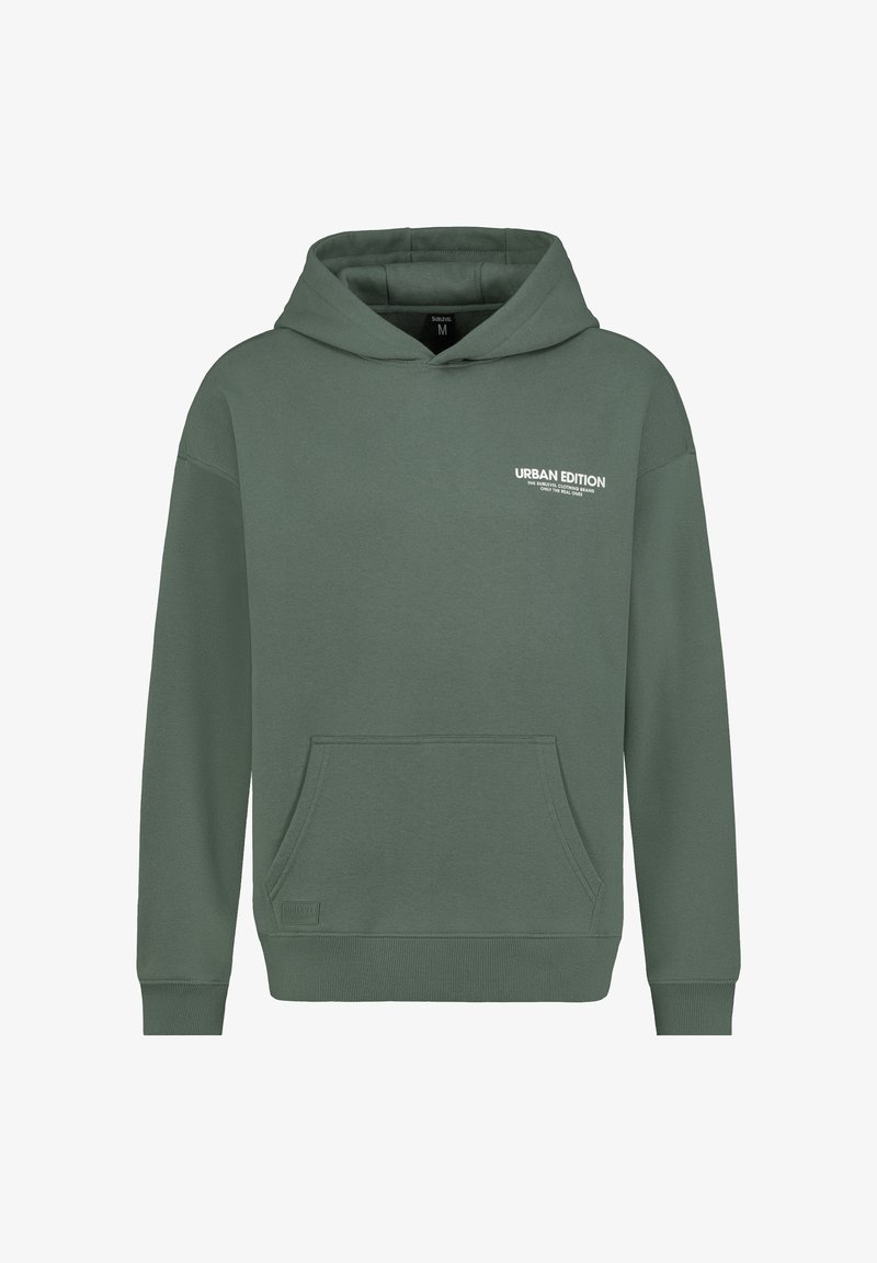 Green hooded sweatshirt featuring a front kangaroo pocket, ribbed cuffs, and "URBAN EDITION" text on the chest in white. Cozy cotton material.