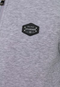 Grijze sweater met een zachte textuur, voorzien van een zwart hexagonaal label met "CIPO AND BAXX" en metalen accenten.