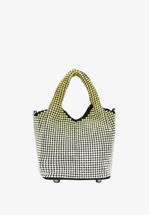 Fekete kézitáska, amelyet sárgától ezüstig terjedő, fokozatos metál rhinestones borítanak, erős fogantyúkkal.