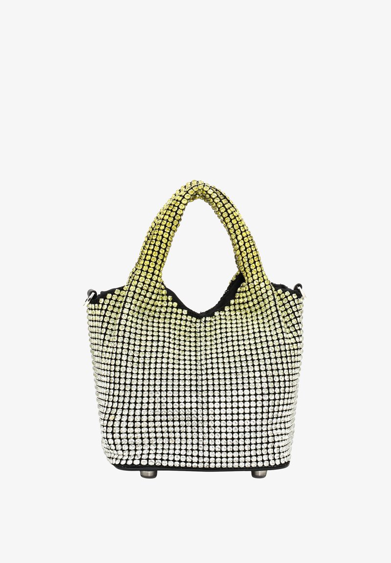 Fekete kézitáska, amelyet sárgától ezüstig terjedő, fokozatos metál rhinestones borítanak, erős fogantyúkkal.