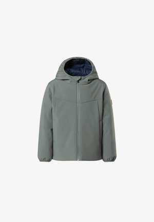 Graue Kapuzenjacke mit einem Reißverschluss vorne, elastischen Bündchen und marineblauem Futter. Verfügt über zwei seitliche Taschen und eine glatte, matte Oberfläche.
