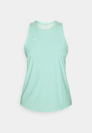 Light mint green athletic tank top with a textured fabric, rounded hem, and light gray shoulder accents. Features a small white logo.